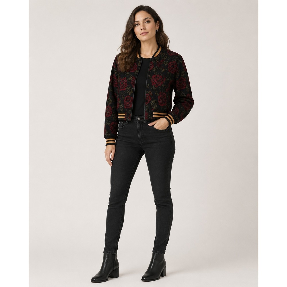 Sanctuary Bomber Jacket Womens XS Black‎ Red Rose Print Wool Blend Lined Pockets